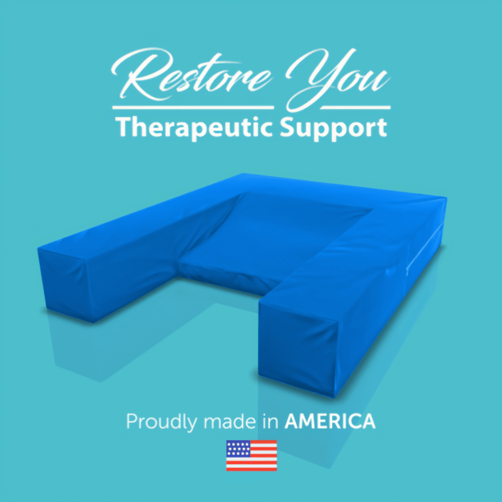 Restore You therapeutic support pillow by Surgical Recovery Systems featuring blue dual-density foam with arm cradles for post-surgical shoulder recovery, proudly made in America medical device